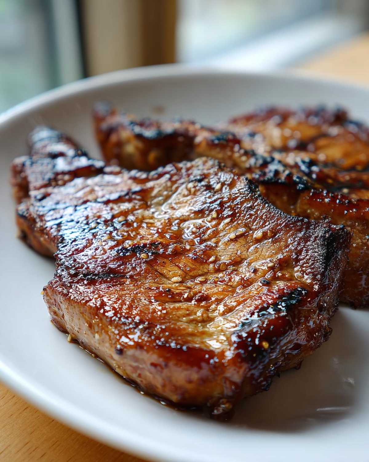 Close-up of a perfectly cooked, glazed pork steak recipe piece on a white plate, showing char marks and sesame seeds.