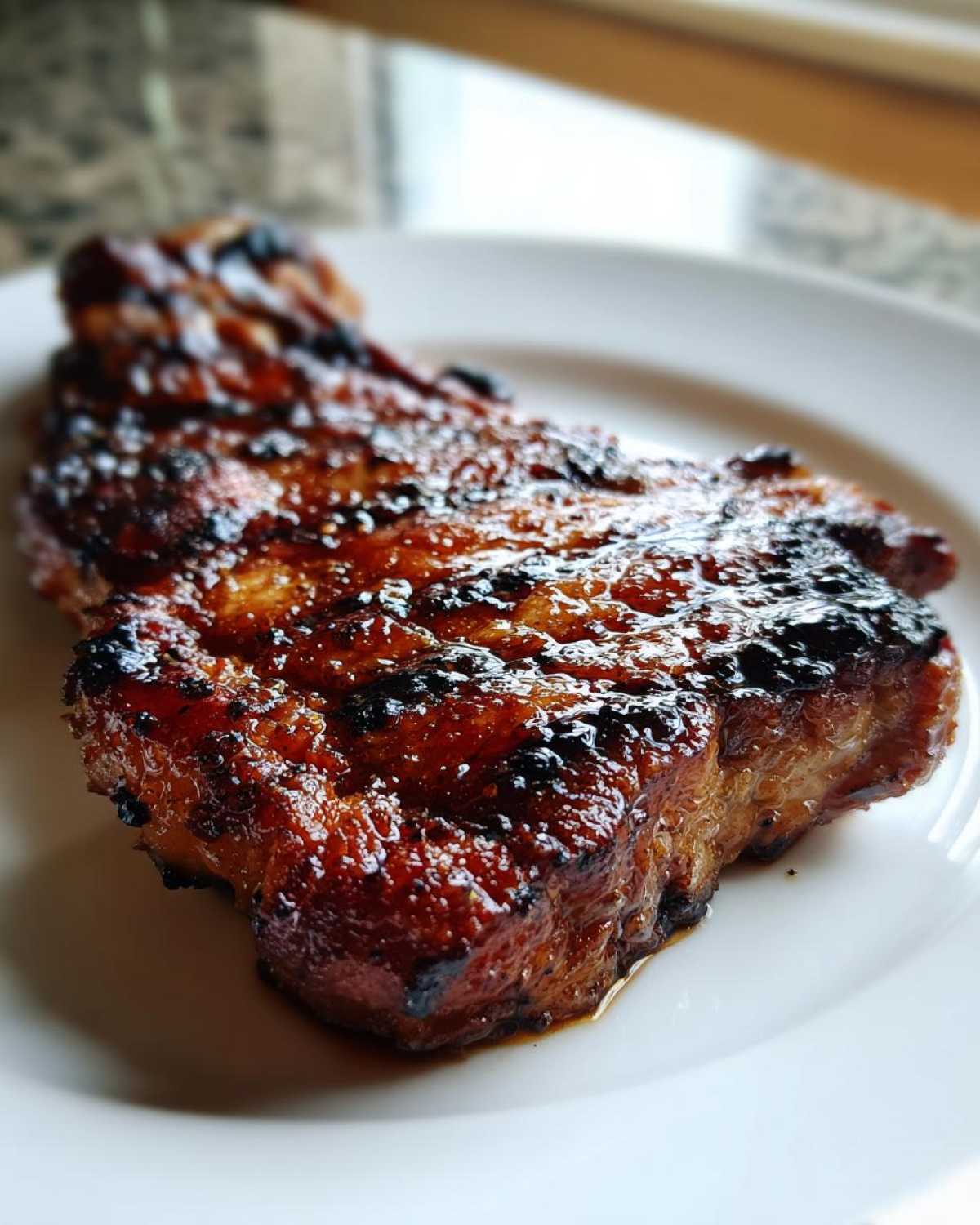 Close-up of a perfectly grilled and glazed pork steak recipe, showing a rich, dark, caramelized crust.