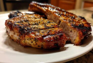 Close-up of two thick, grilled pork chops showing a caramelized crust and juicy interior, perfect for a marinade for pork chops.