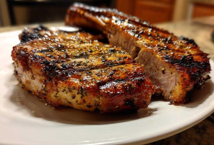 Close-up of two thick, grilled pork chops showing a caramelized crust and juicy interior, perfect for a marinade for pork chops.