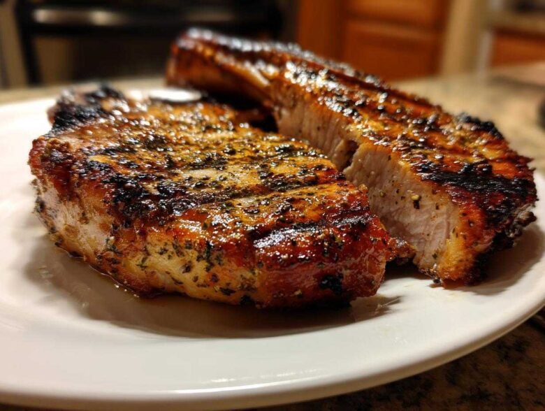 Close-up of two thick, grilled pork chops showing a caramelized crust and juicy interior, perfect for a marinade for pork chops.