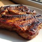 Two perfectly grilled and glazed pork steak cuts resting on a white plate, showing caramelized char marks.