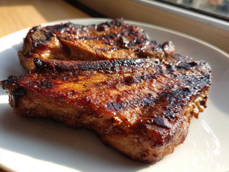 Two perfectly grilled and glazed pork steak cuts resting on a white plate, showing caramelized char marks.