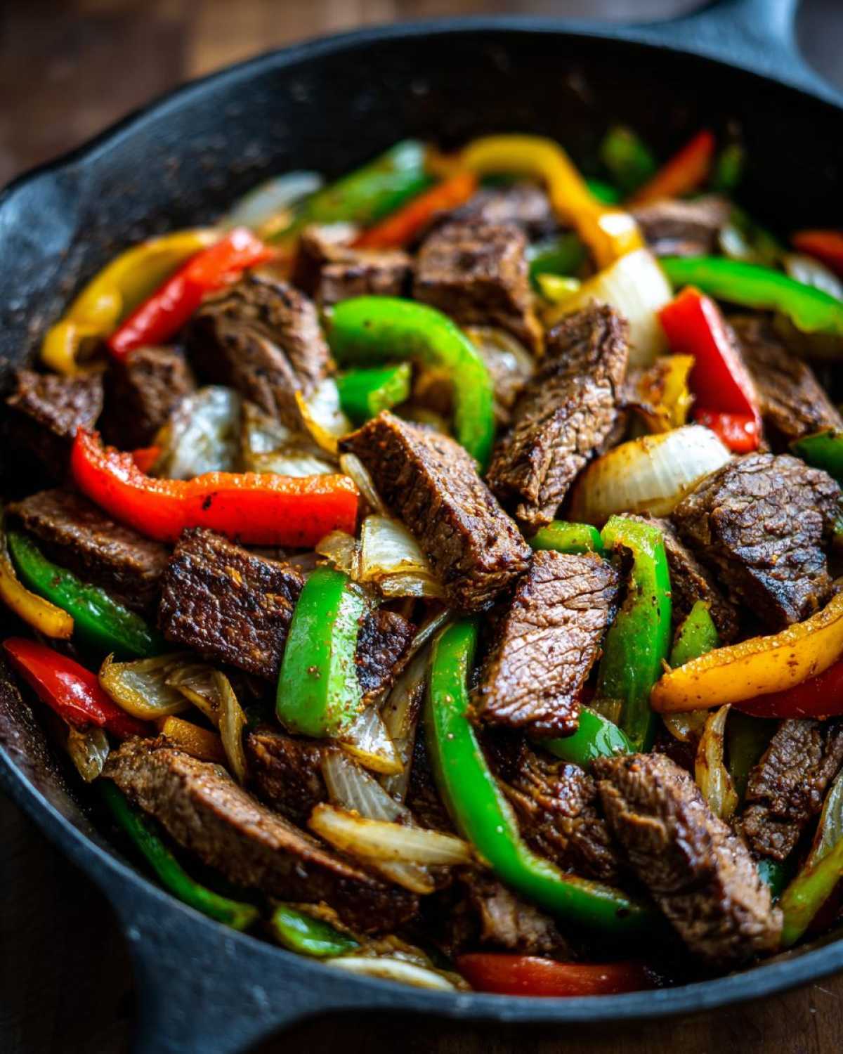 Close-up of sizzling steak fajitas with colorful bell peppers and onions in a black cast iron skillet.