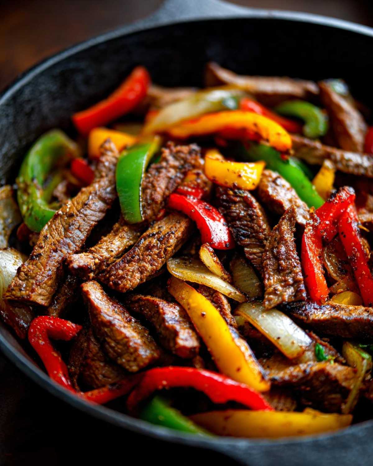 Close-up of seasoned, sliced steak mixed with vibrant red, yellow, and green bell peppers and onions for steak fajitas in a cast iron skillet.