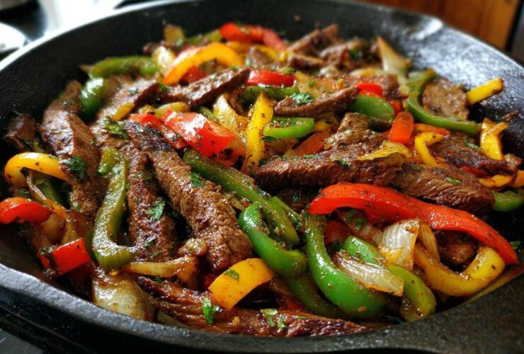 Close-up of sizzling steak fajitas with colorful bell peppers and onions in a cast iron skillet.