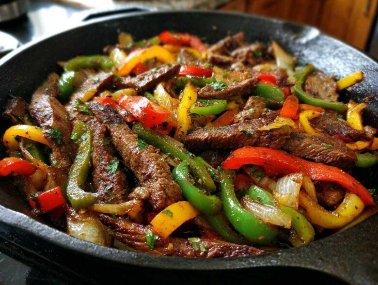 Close-up of sizzling steak fajitas with colorful bell peppers and onions in a cast iron skillet.