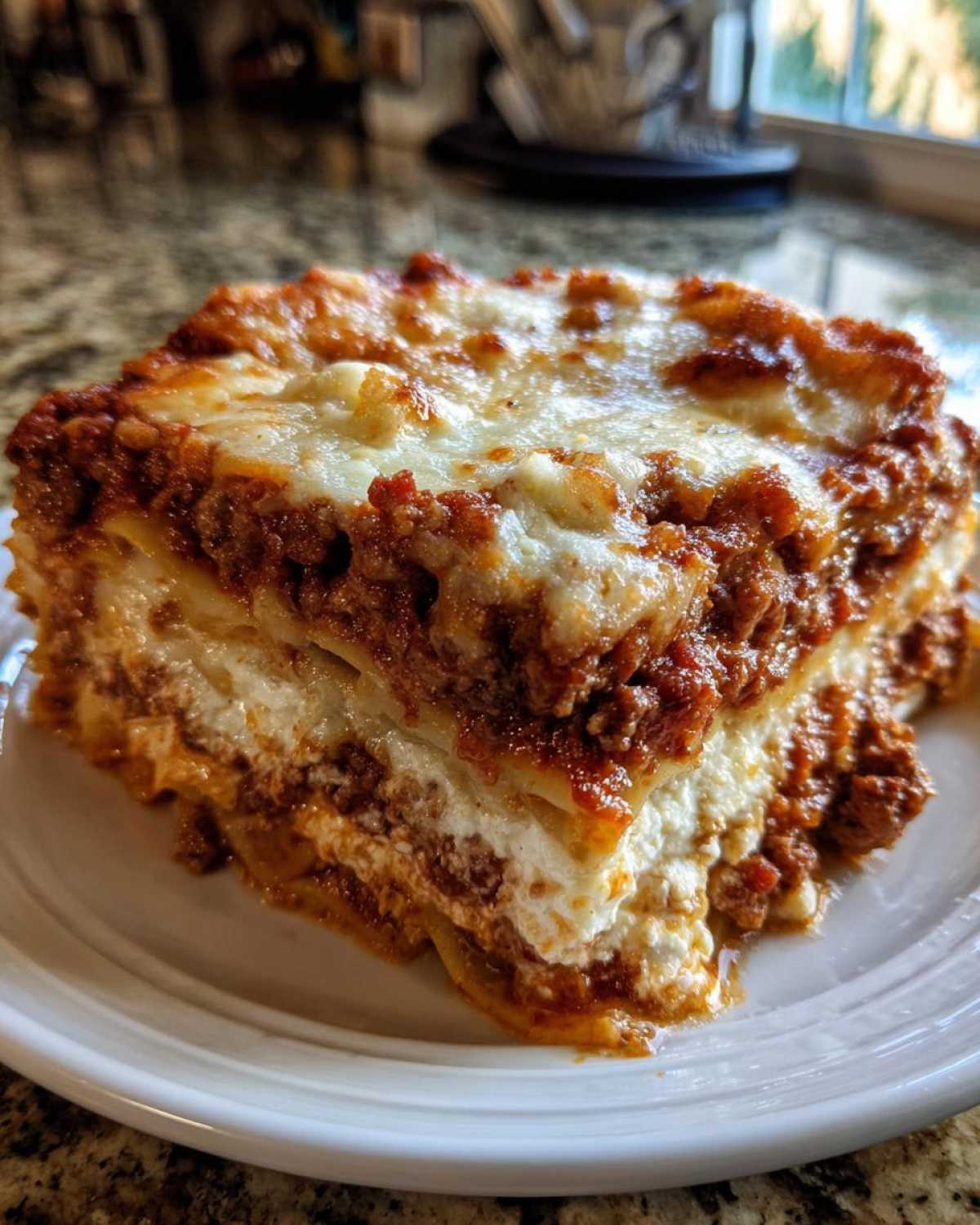 Close-up of a hearty slice of Lasagna with Cottage Cheese, showing layers of pasta, meat sauce, and white cheese filling.