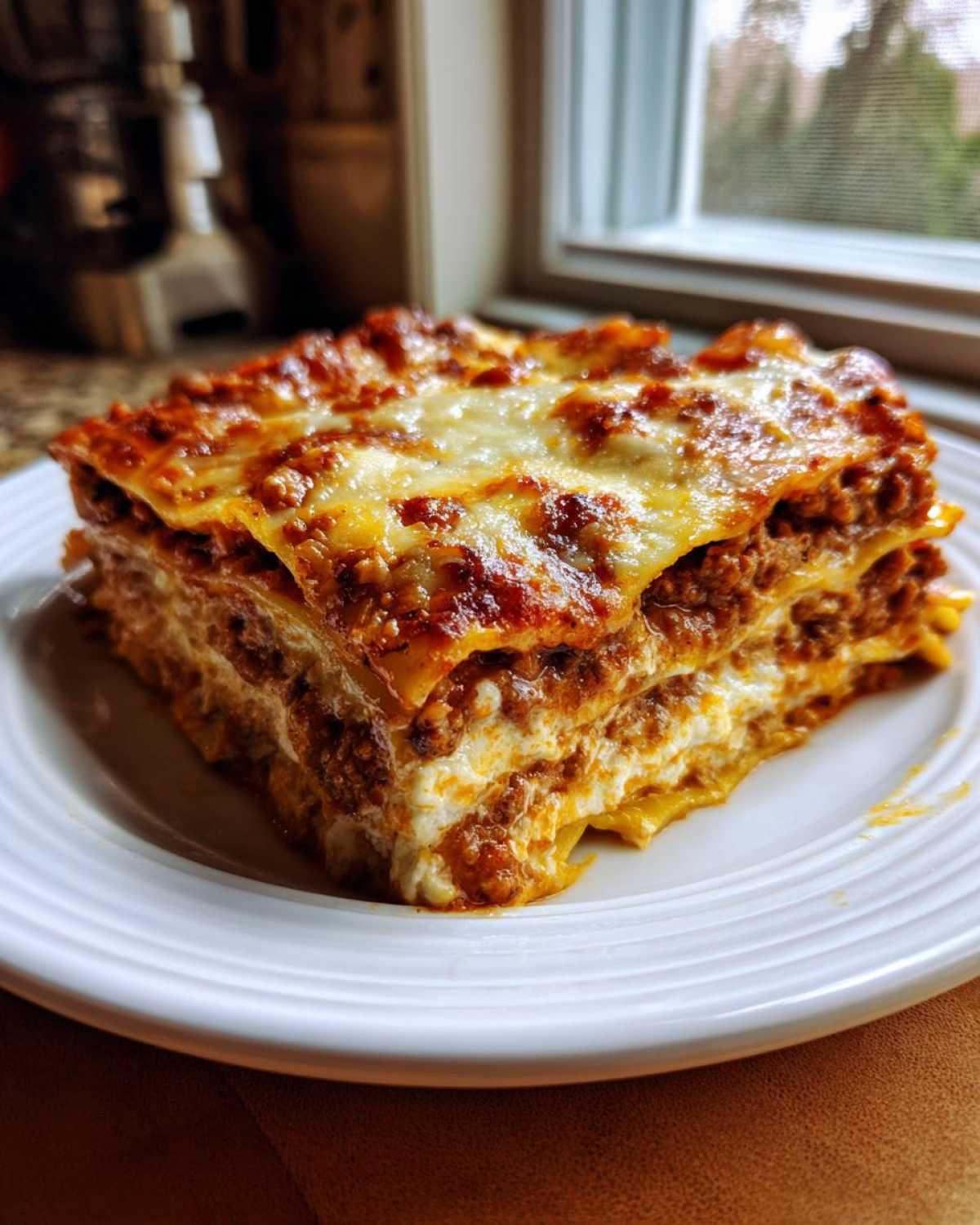 A thick, layered slice of Lasagna with Cottage Cheese, featuring rich meat sauce and melted cheese topping.