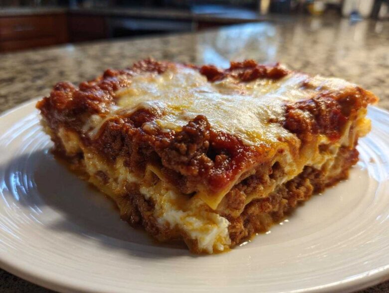 A thick, square slice of Lasagna with Cottage Cheese showing layers of pasta, meat sauce, and white cheese filling.