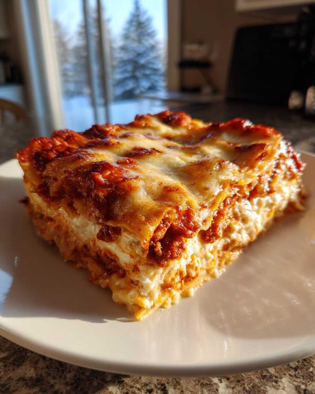 A thick, golden-brown slice of Lasagna with Cottage Cheese showing layers of pasta, rich sauce, and creamy white filling.