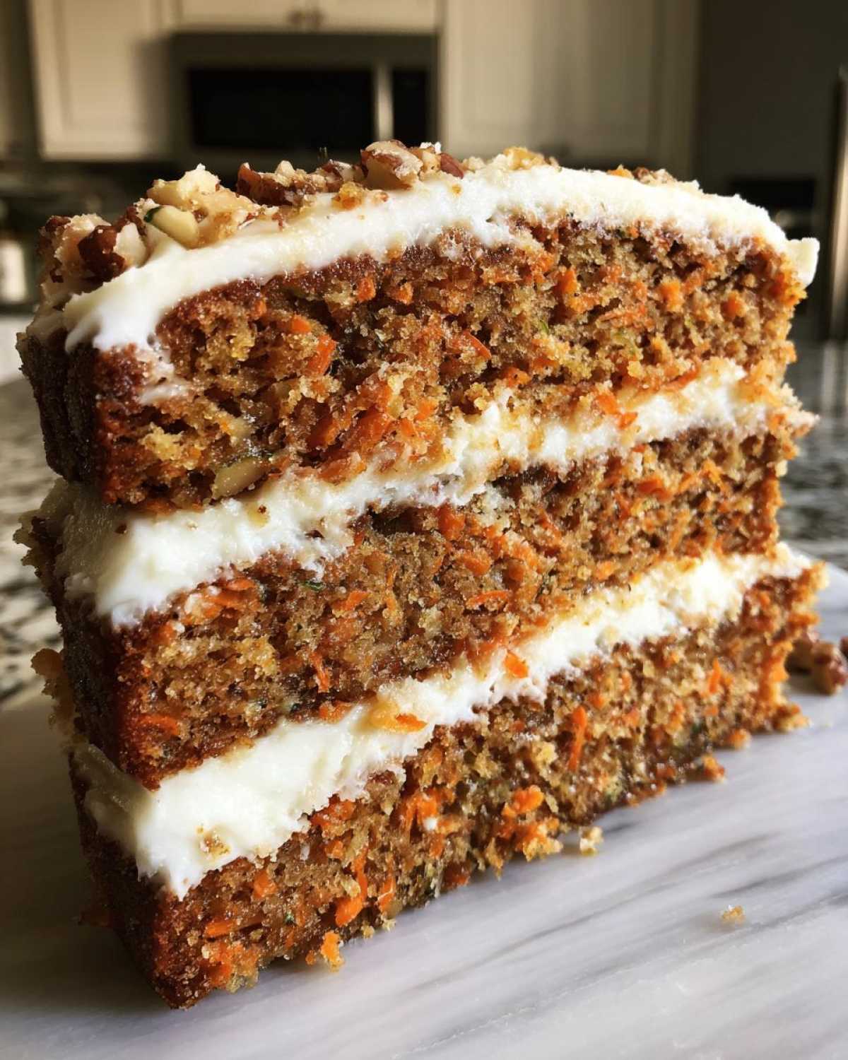 Close-up of a tall, two-layer slice of carrot cake recipe with thick cream cheese frosting and chopped pecans on top.