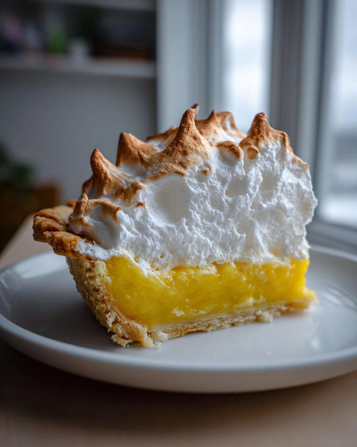 A perfect slice of lemon meringue pie showing tall, perfectly toasted meringue peaks over bright yellow lemon filling.