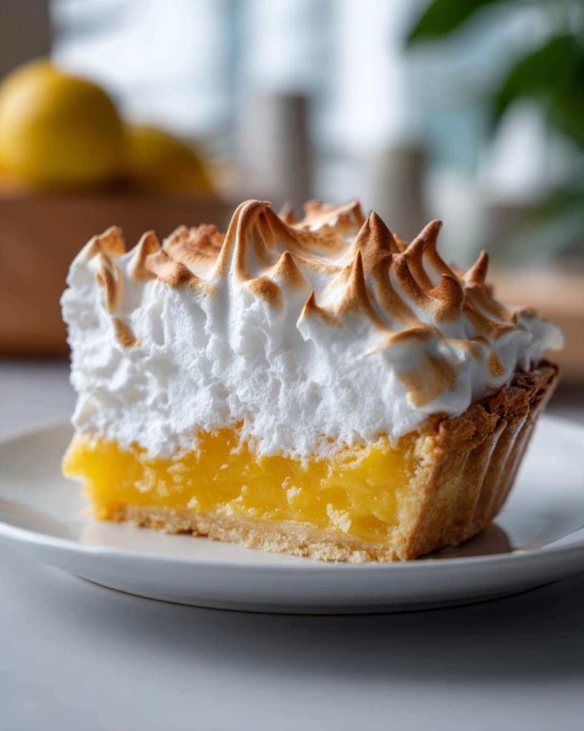 Close-up of a slice of lemon meringue showing tall, perfectly toasted meringue peaks over bright yellow lemon curd.