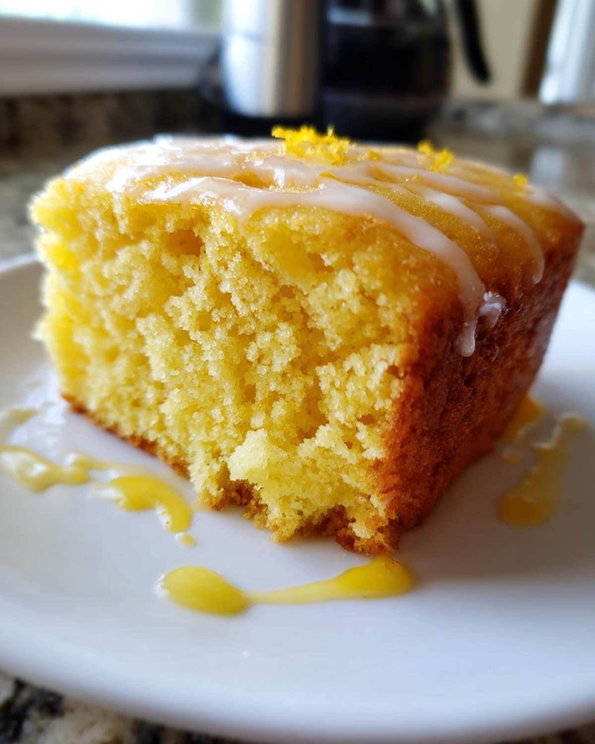 Close-up of a moist slice of lemon pound cake topped with white glaze and zest.