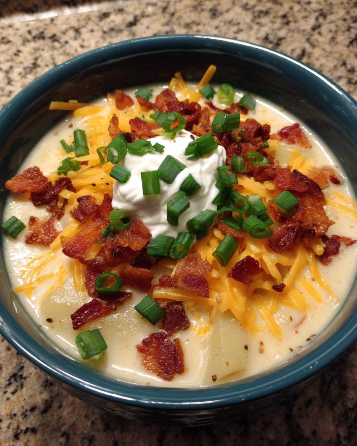A close-up of loaded baked potato soup topped generously with shredded cheddar, bacon bits, sour cream, and green onions.