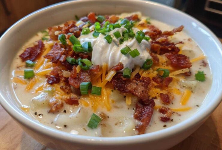 A creamy bowl of loaded baked potato soup topped with bacon, cheddar cheese, sour cream, and chives.
