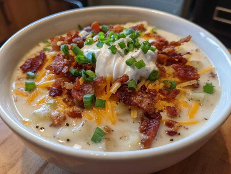 A creamy bowl of loaded baked potato soup topped with bacon, cheddar cheese, sour cream, and chives.