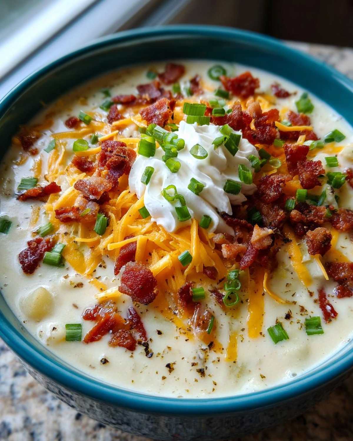 A close-up of rich loaded baked potato soup topped with shredded cheese, bacon bits, sour cream, and chives.