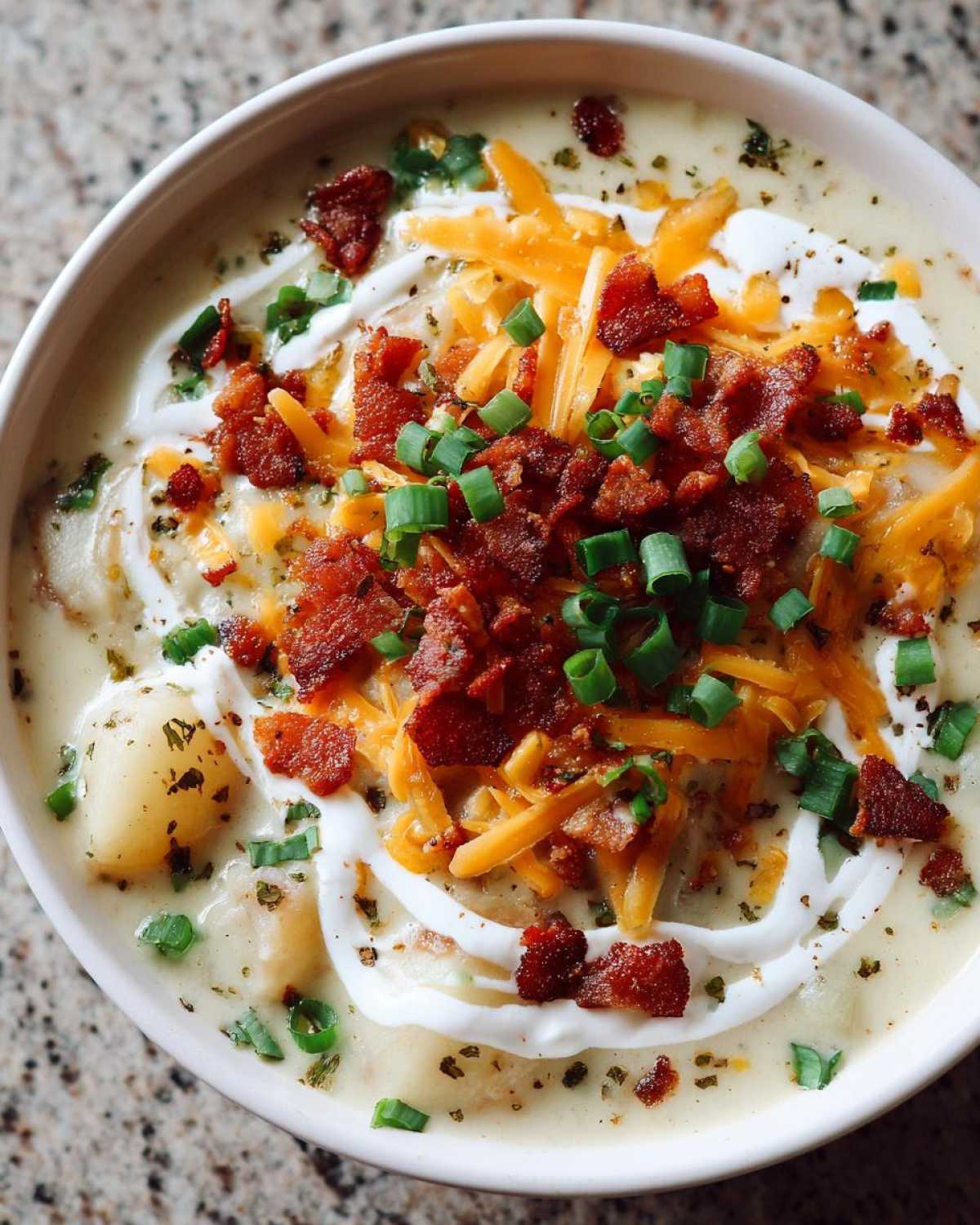 A close-up overhead view of loaded baked potato soup topped with bacon, cheese, sour cream, and green onions.