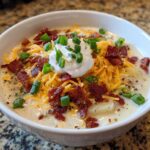 A close-up of a creamy bowl of loaded baked potato soup topped generously with shredded cheddar, bacon bits, sour cream, and chives.