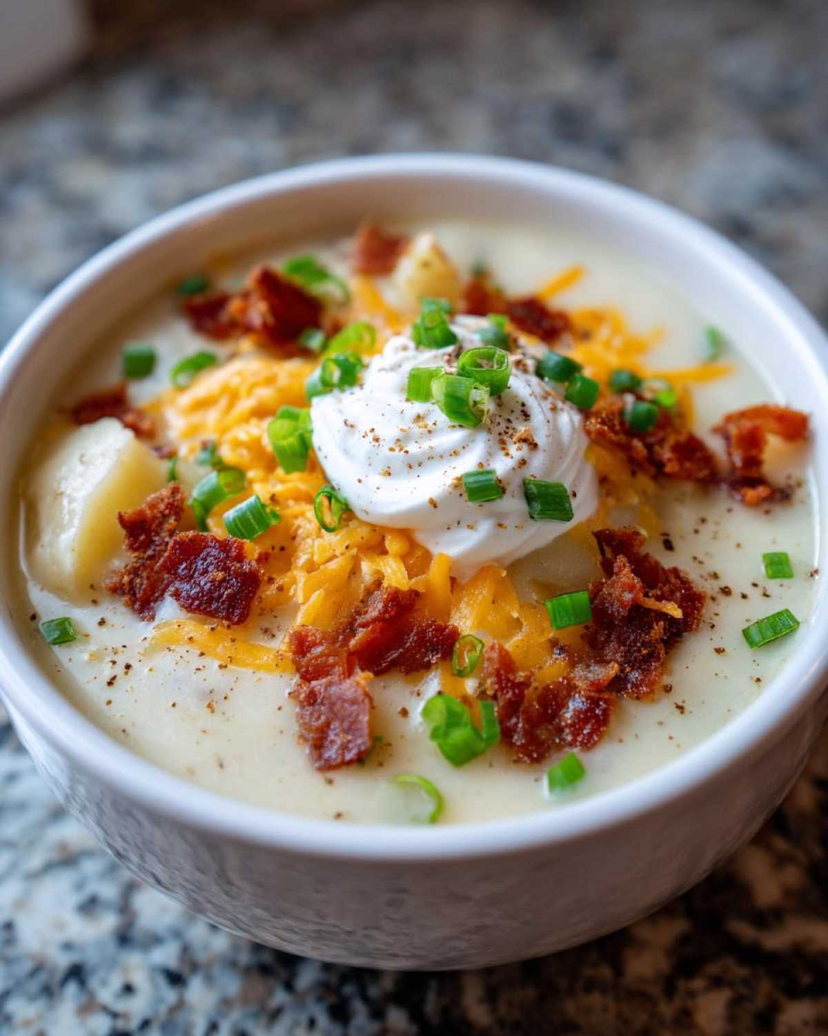A close-up of a bowl of creamy loaded baked potato soup topped with sour cream, cheddar cheese, bacon, and chives.