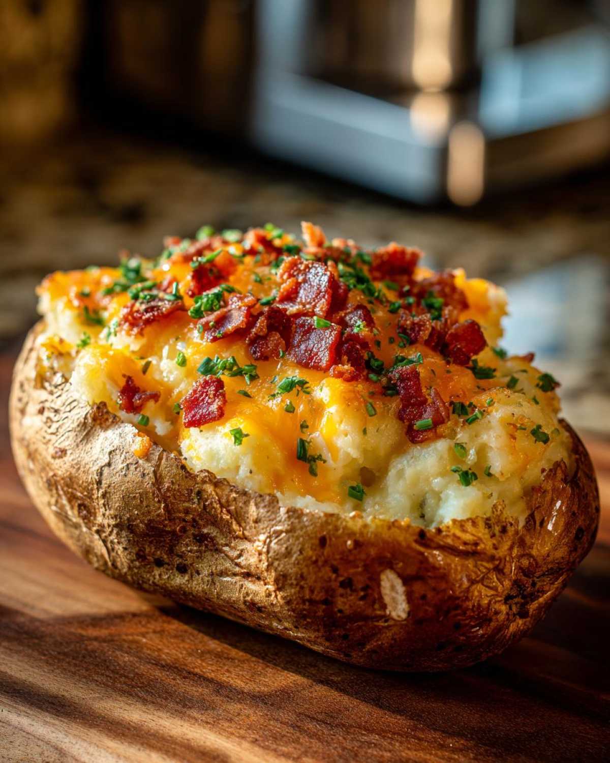 A close-up of a perfectly baked twice baked potatoes stuffed with creamy filling, melted cheddar cheese, bacon bits, and chives.