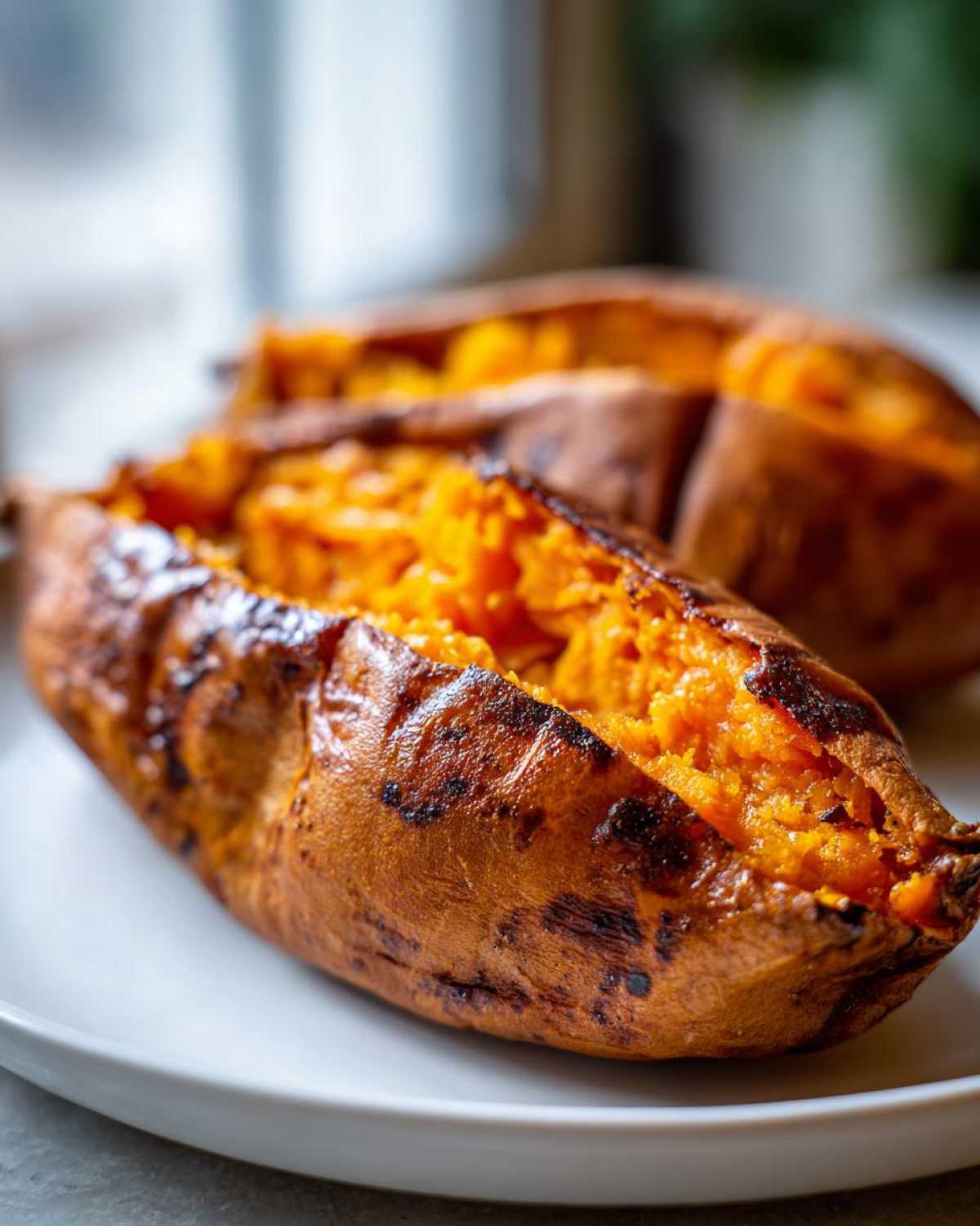 Close-up of two perfectly baked sweet potatoes, split open to show the fluffy, bright orange interior.