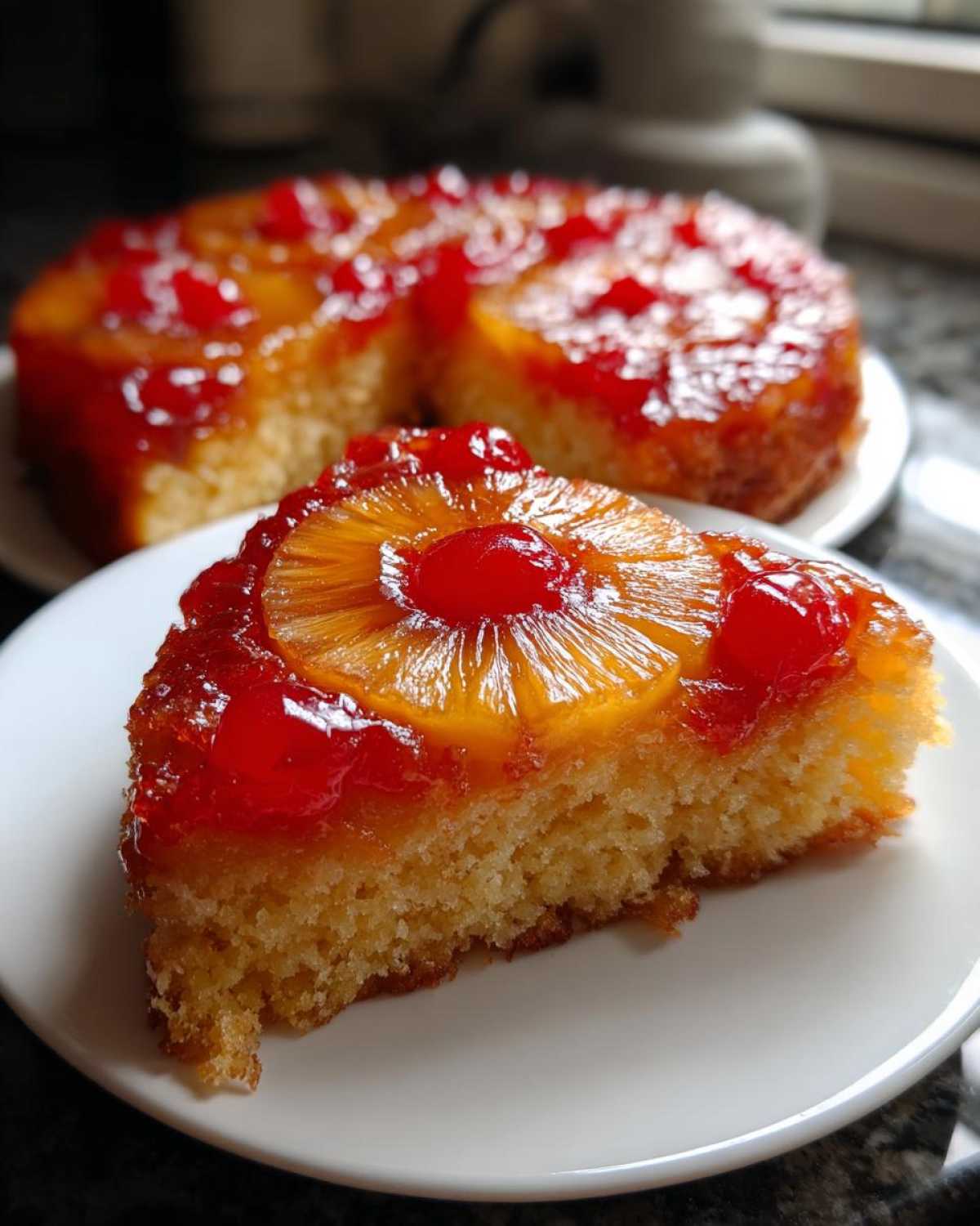 A close-up slice of moist pineapple upside down cake topped with caramelized pineapple and maraschino cherries.
