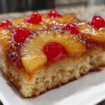 Close-up of a moist slice of pineapple upside down cake topped with caramelized pineapple rings and maraschino cherries.