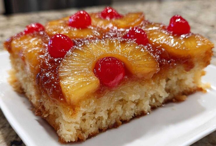 Close-up of a moist slice of pineapple upside down cake topped with caramelized pineapple rings and maraschino cherries.