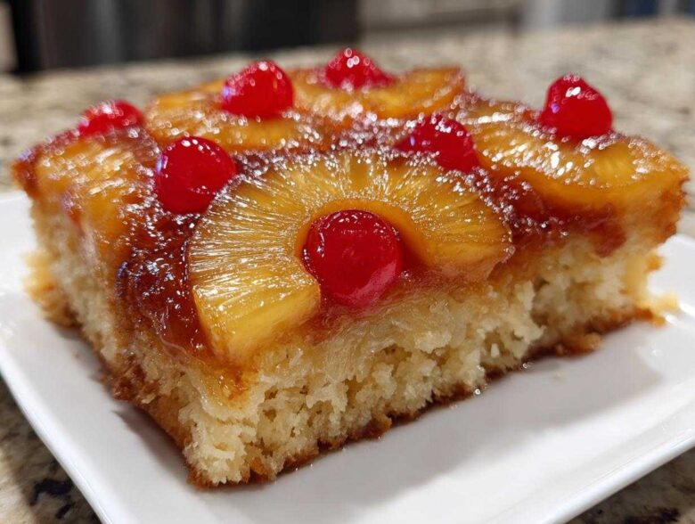 Close-up of a moist slice of pineapple upside down cake topped with caramelized pineapple rings and maraschino cherries.