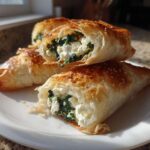 Close-up of golden, flaky Mediterranean Spinach and Feta Cheese Crisps cut open to show the filling.