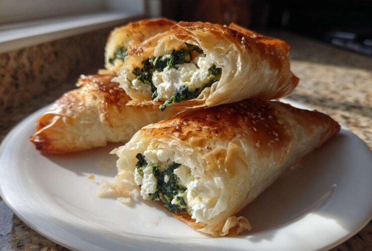 Close-up of golden, flaky Mediterranean Spinach and Feta Cheese Crisps cut open to show the filling.
