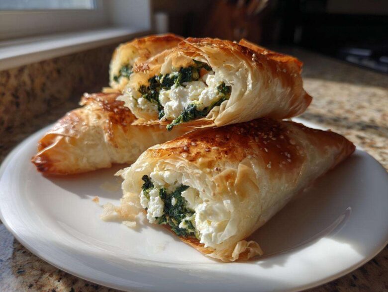 Close-up of golden, flaky Mediterranean Spinach and Feta Cheese Crisps cut open to show the filling.
