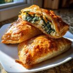 Close-up of golden brown Mediterranean Spinach and Feta Cheese Crisps, one cut open showing the filling.