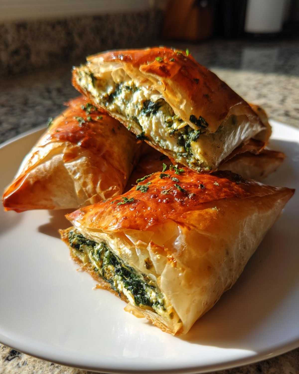 Close-up of golden, flaky Mediterranean Spinach and Feta Cheese Crisps stacked on a white plate.