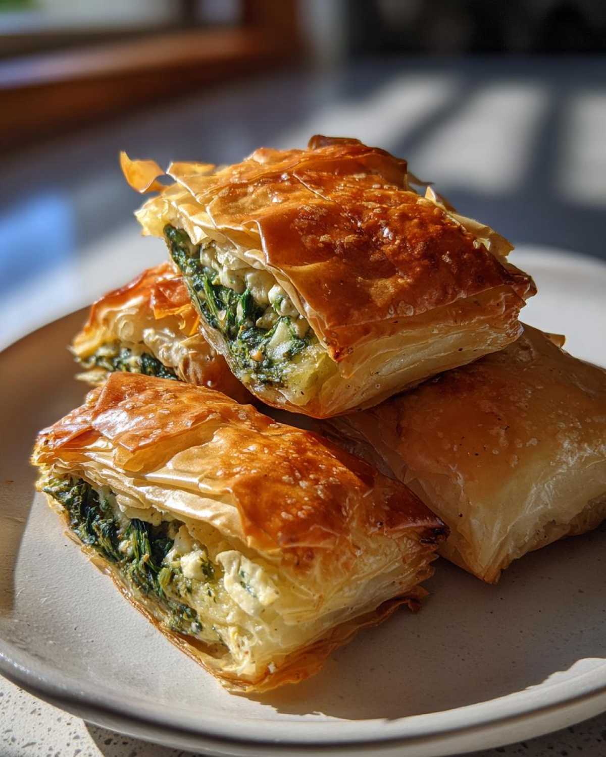 Close-up of flaky, golden brown Mediterranean Spinach and Feta Cheese Crisps stacked on a light plate.