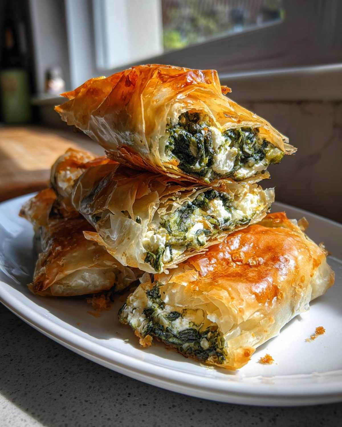 A stack of golden, flaky Mediterranean Spinach and Feta Cheese Crisps cut in half to show the filling.