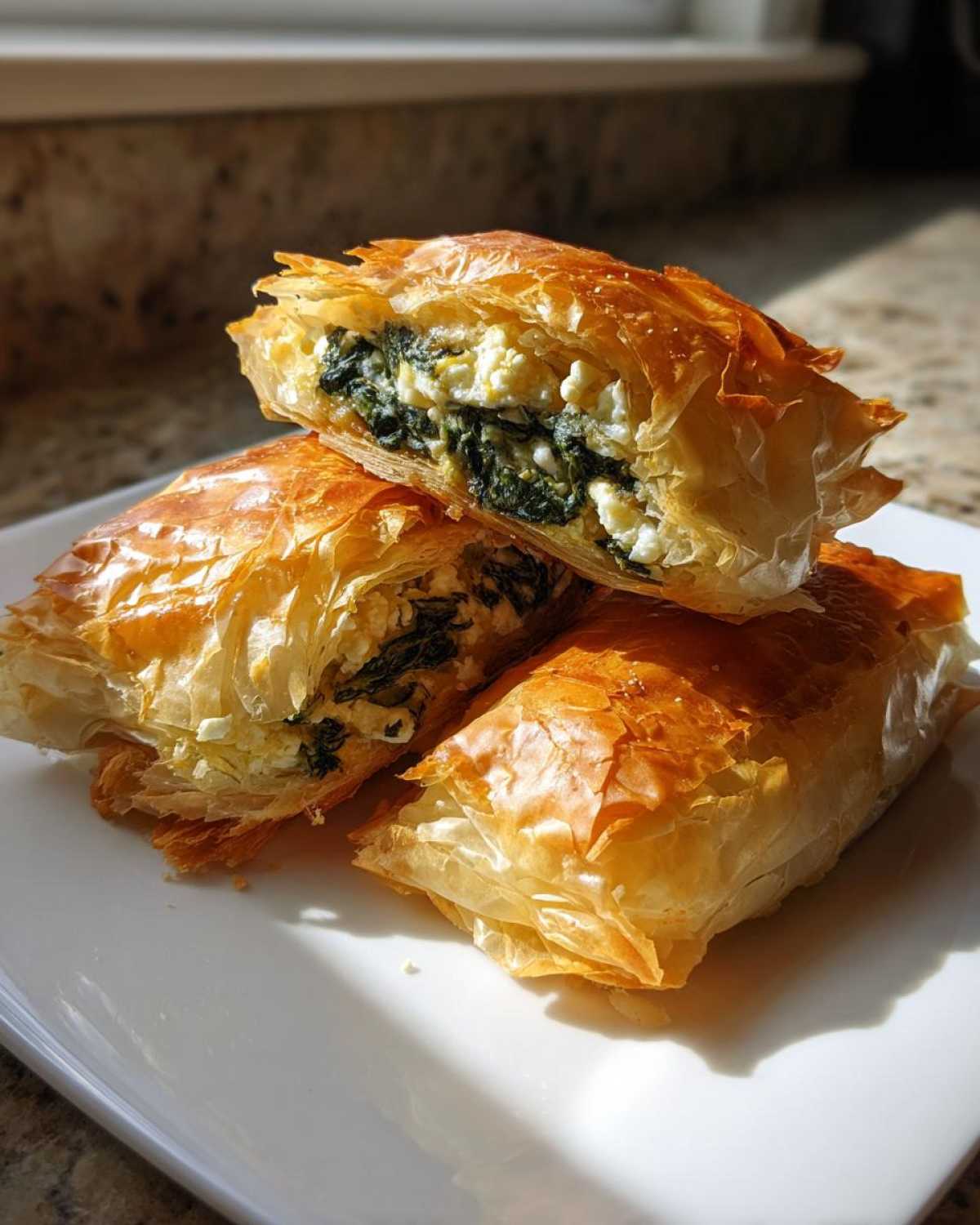 Three golden-brown Mediterranean Spinach and Feta Cheese Crisps stacked on a white plate, one cut open showing the filling.