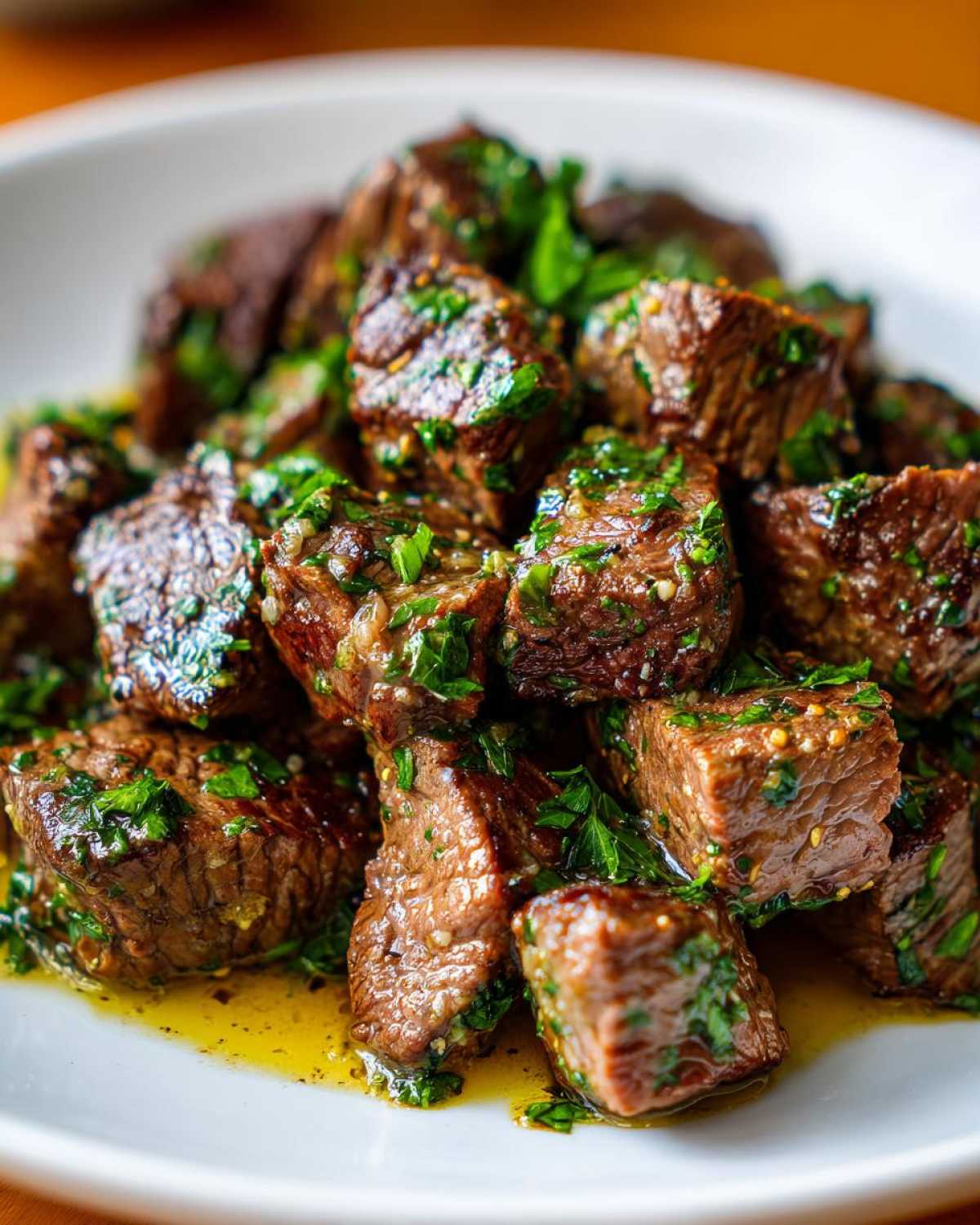 Close-up of tender, cubed crockpot steak coated in garlic butter and fresh parsley.