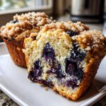 Close-up of a moist blueberry muffin cut in half, showing juicy blueberries and a crumbly streusel top.