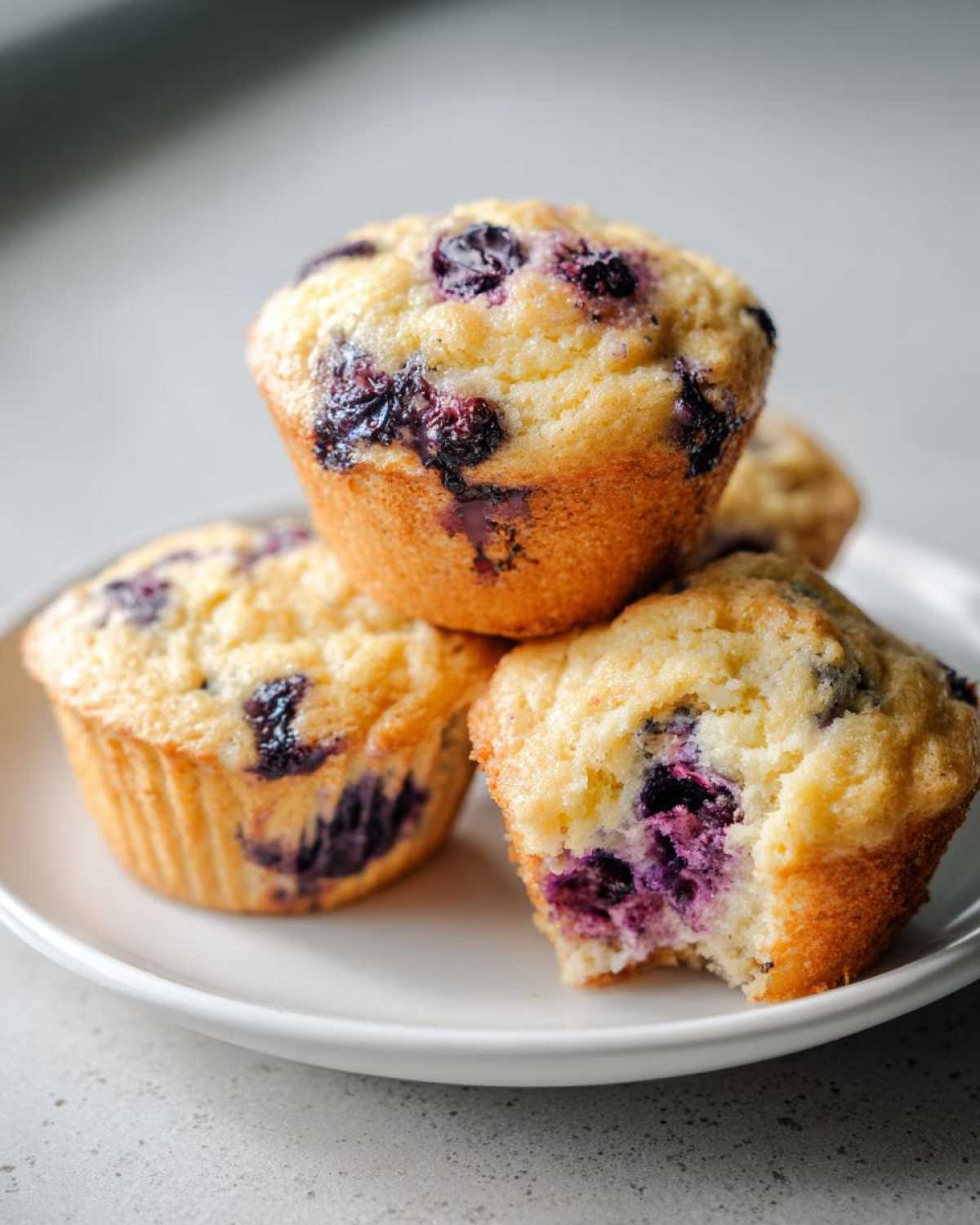 A stack of moist blueberry protein muffins on a white plate, one muffin has a bite taken out showing the purple interior.