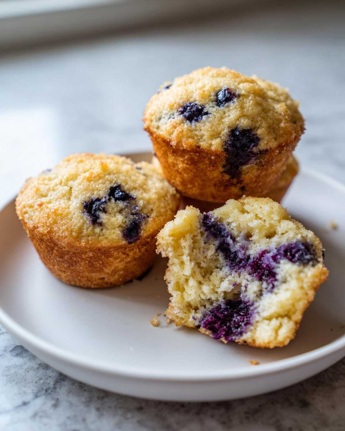 Close-up of moist blueberry protein muffins, one broken open to show the texture inside.