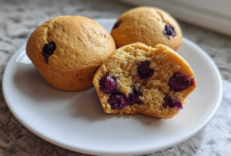 Three blueberry protein muffins on a white plate, one cut open showing the moist interior and berries.