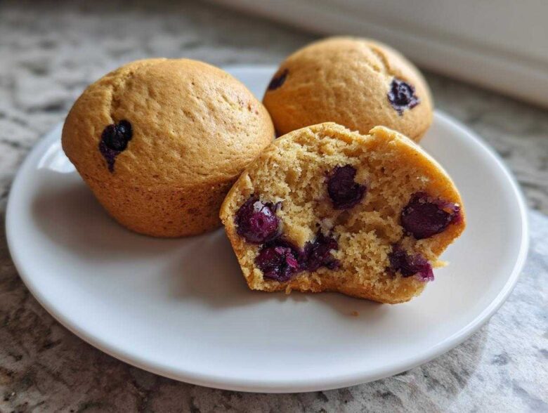 Three blueberry protein muffins on a white plate, one cut open showing the moist interior and berries.