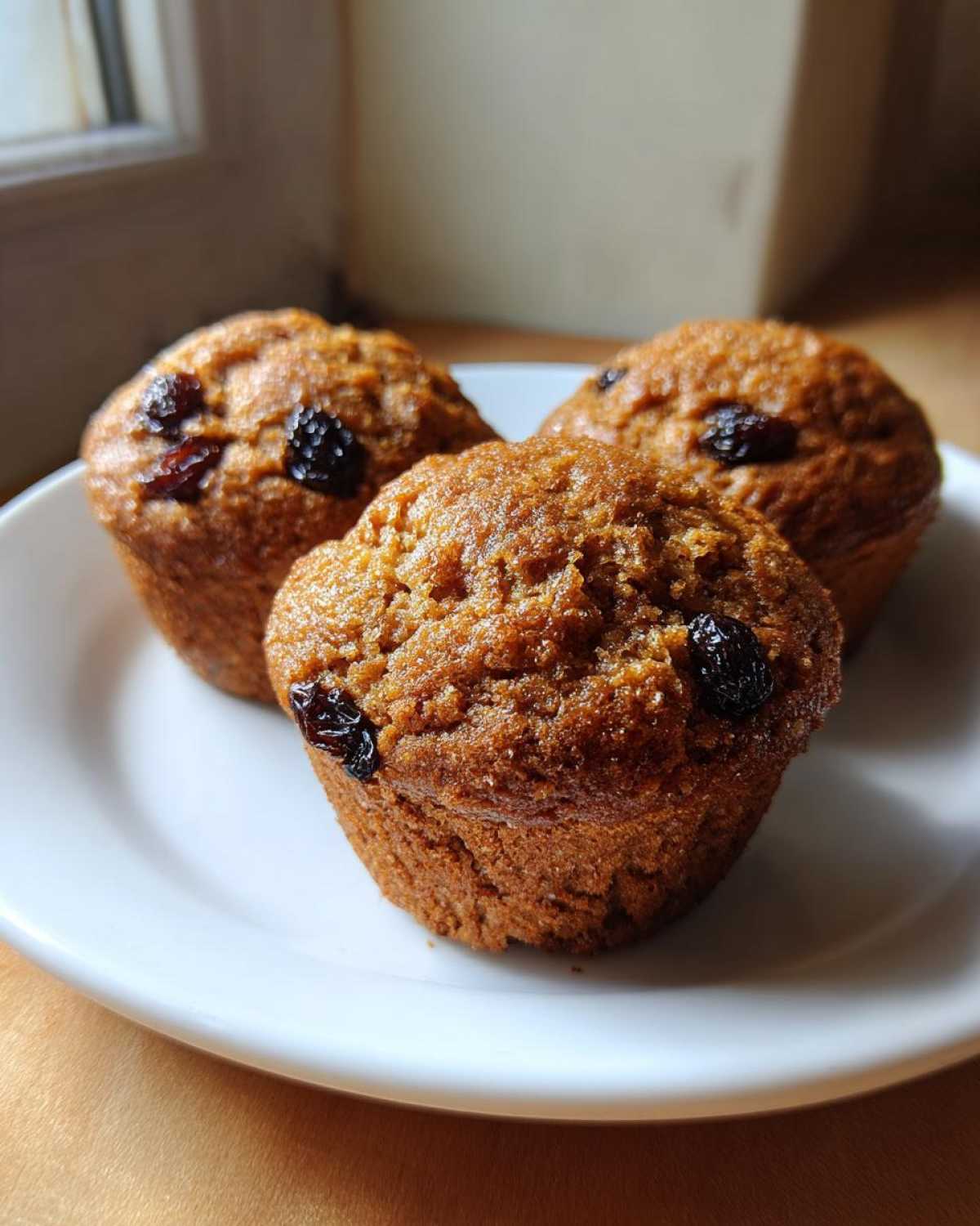 Close-up of three freshly baked, moist bran muffins topped with dark raisins, sitting on a white plate.