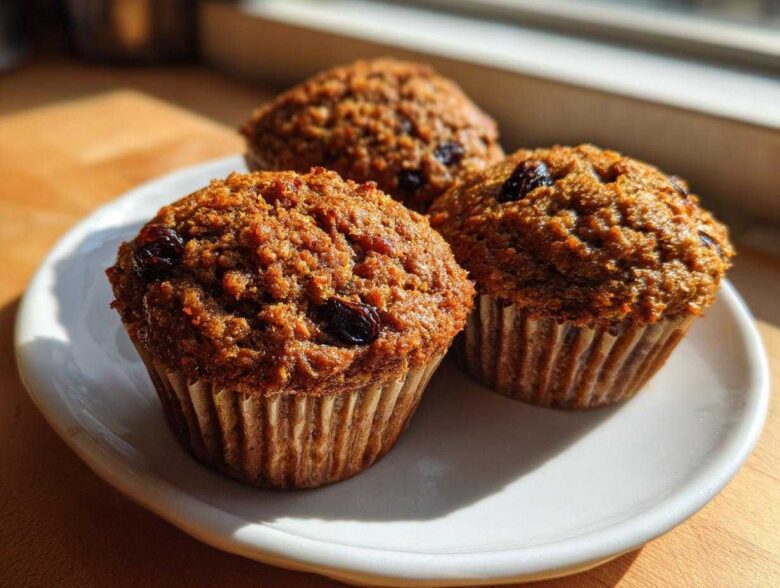 Three freshly baked, moist bran muffins studded with raisins sitting on a white plate in bright sunlight.