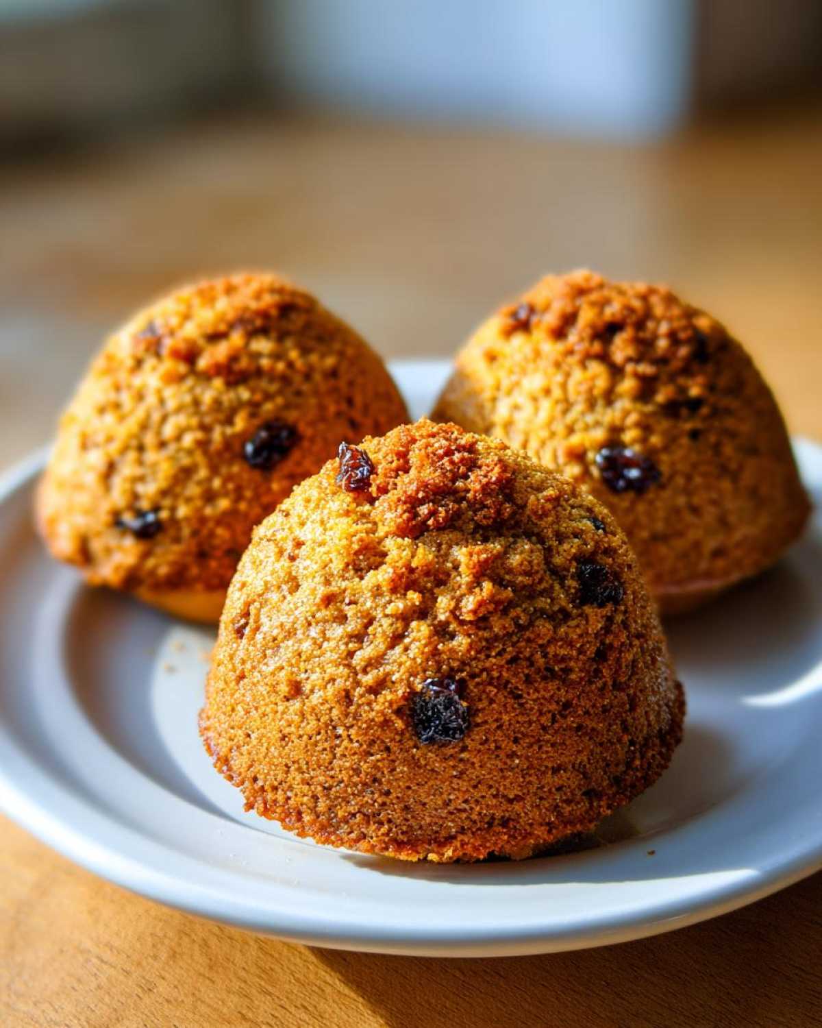 Close-up of three golden brown, moist bran muffins studded with raisins, resting on a white plate.