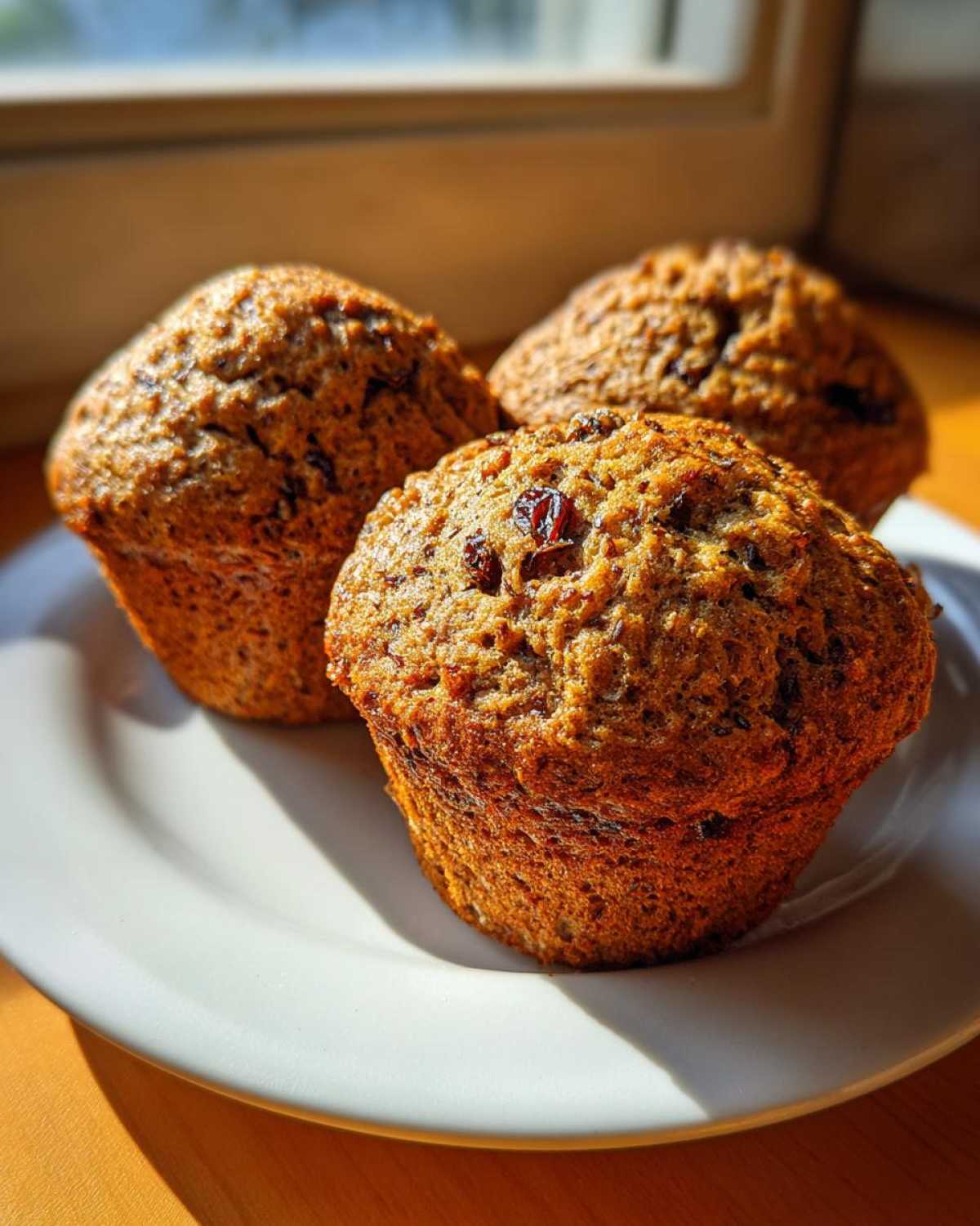 Three freshly baked, golden brown bran muffins with visible raisins sitting on a white plate in bright sunlight.